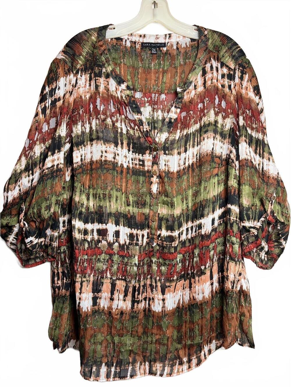 Sara Michelle Warm Neutral Multicolor Blouse with Button Sleeves 2X